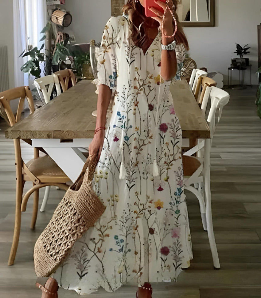 Avery™ | Boho Vintage V-Neck Printed Dress