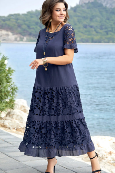 Noréline™ | Navy Blue Lace Maxi Dress