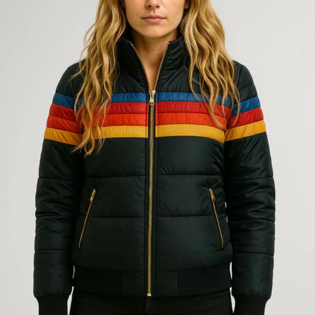 Delphina™ | Retro Colorblock Puffer – Bold Stripes