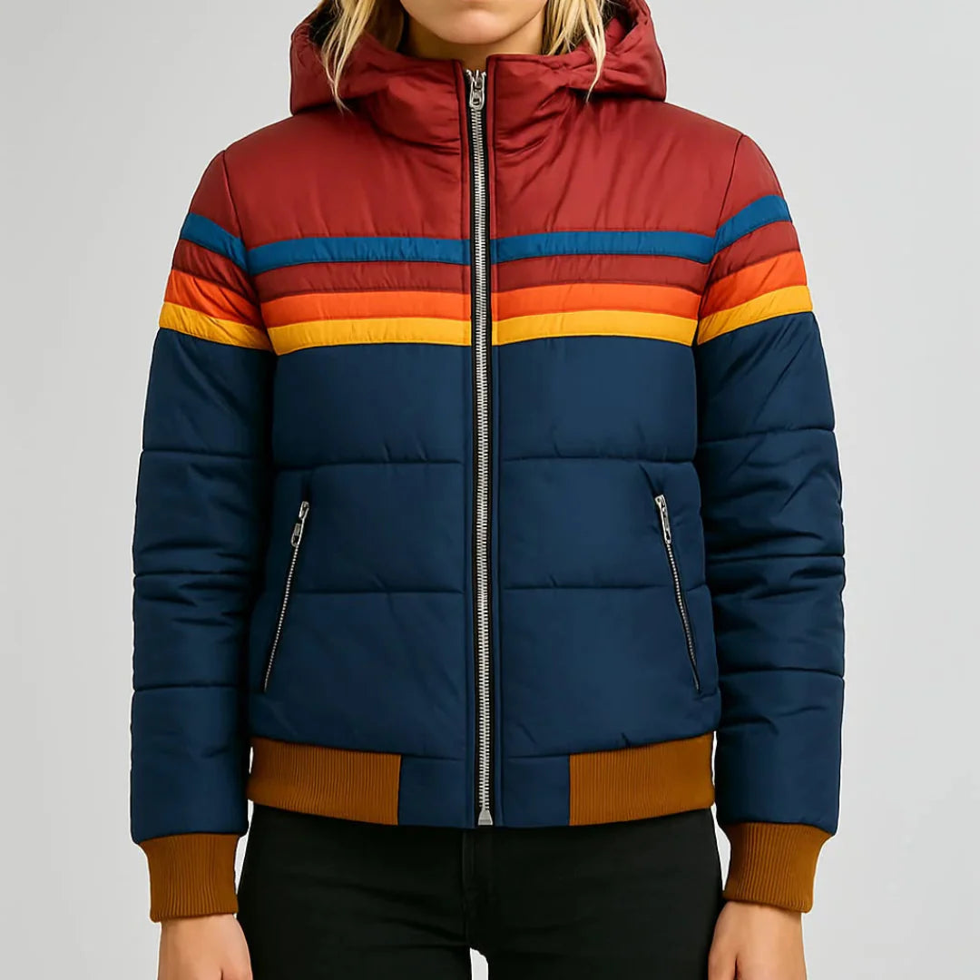 Delphina™ | Retro Colorblock Puffer – Bold Stripes