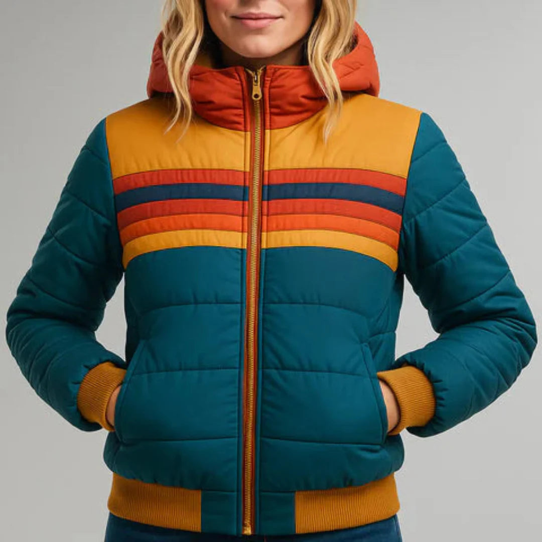 Delphina™ | Retro Colorblock Puffer – Bold Stripes