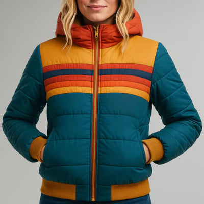 Delphina™ | Retro Colorblock Puffer – Bold Stripes