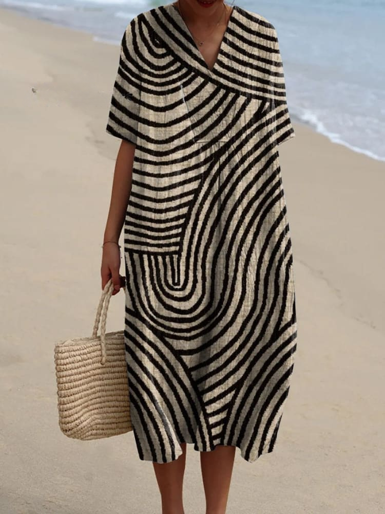 Celeste™ | Geometric Hand Drawn Circle Line Pattern Print Flowy Dress