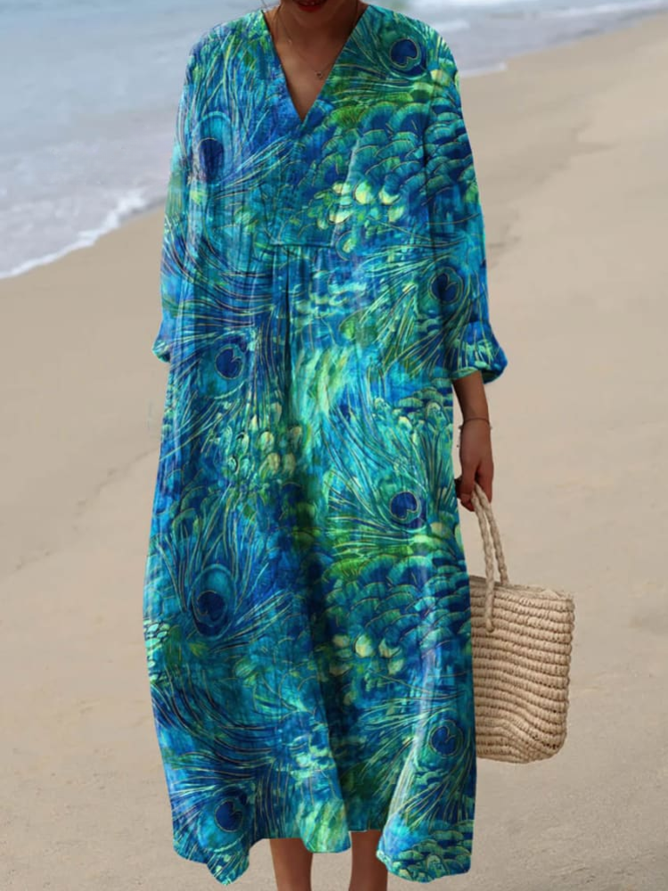 Daphne™ | Peacock Feather Pattern Art Print Cotton Dress