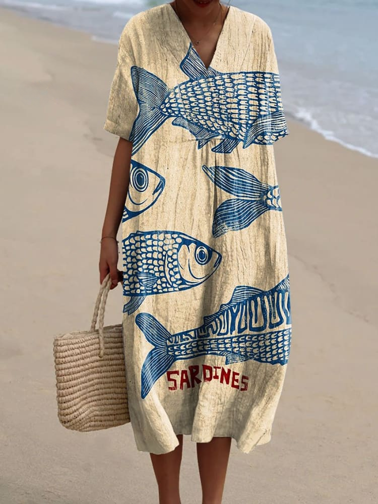 Genesis™ | Vintage Fish Sardines Art Print Flowy Dress