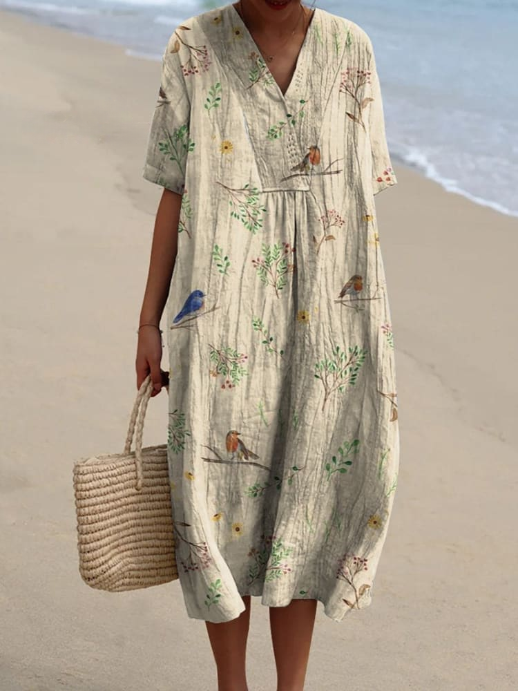 Eden™ | Boughs And Robin Birds Pattern Printed Flowy Dress