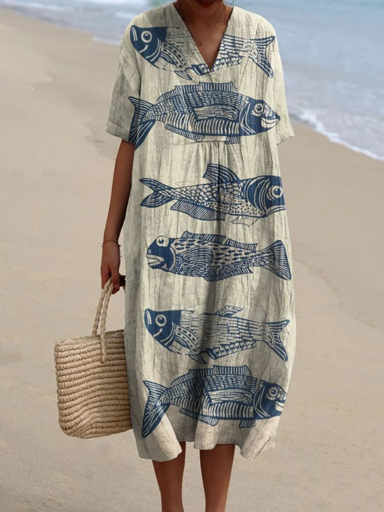 Fiona™ | Vintage Lovely Fish Art Print Flowy Dress