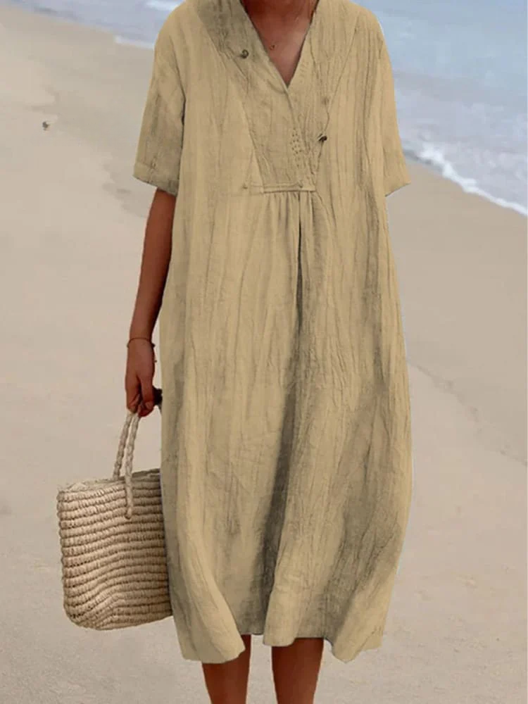 Adeline™ | Solid Color Cotton And Linen Short Sleeve Dress