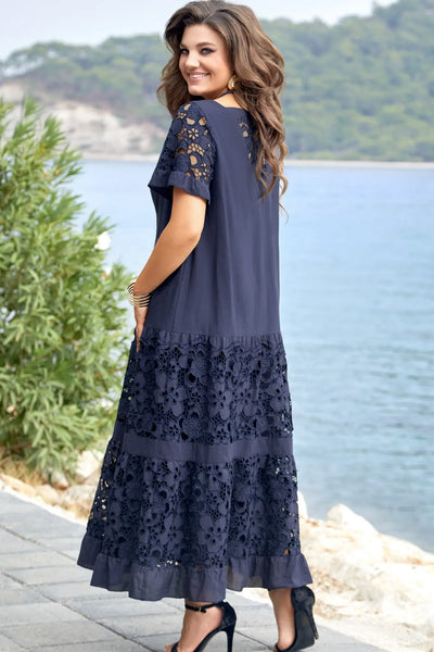 Noréline™ | Navy Blue Lace Maxi Dress